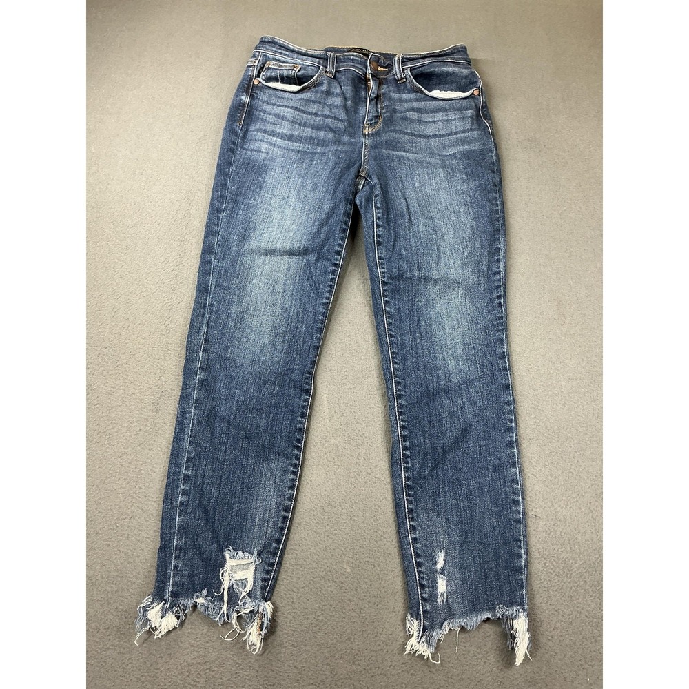 Judy Blue Jeans Womens 7/28 Blue Dark Wash Slim‎ Straight Fringe Hem Distressed